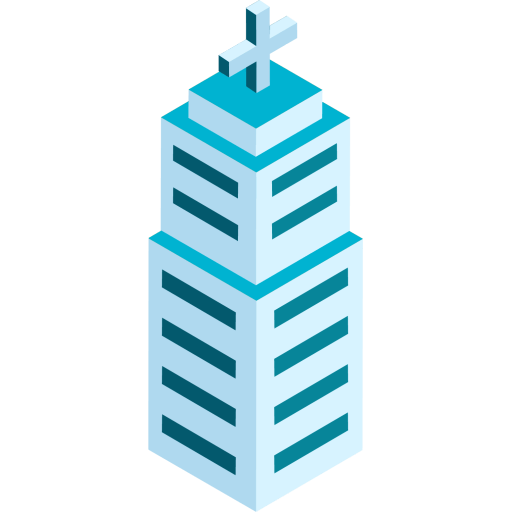 Ilustração: Um prédio azul com um símbolo de saúde no topo.